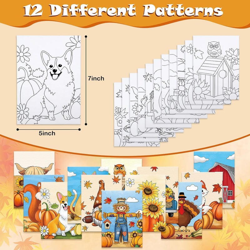 Anseal 12 Packs Thanksgiving Pre Drawn Canvas to Paint, 5" X 7" Fall Pre Printed Canvas for Kids, Pre Stretched Canvas Outline Painting Boards for Beginners, Students, Party Favor - Image 2